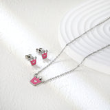 8*8.4mm Crown with Pink Oil Drip Earrings + 11.7*12mm Pendant Necklace Set Cross 0.35 45+5cm+6mm Round Tail Plaque Set Steel Color / Gold