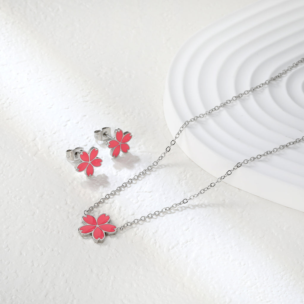 10mm cherry blossom with pink oil drop earrings + 12.5mm pendant set cross 0.3mm*45+5cm+6mm round plate steel color / gold color
