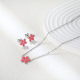 10mm cherry blossom with pink oil drop earrings + 12.5mm pendant set cross 0.3mm*45+5cm+6mm round plate steel color / gold color