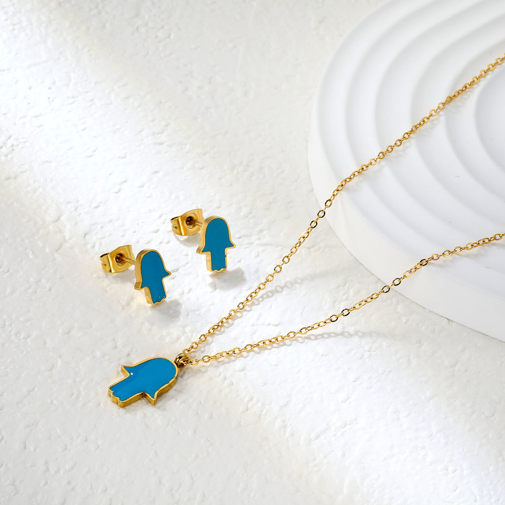 Glossy set Gold/light blue Earrings: 8.7*10.8mm Pendant: 10.7*13.6mm 0.3 cross chain 40+5cm+6mm round plate