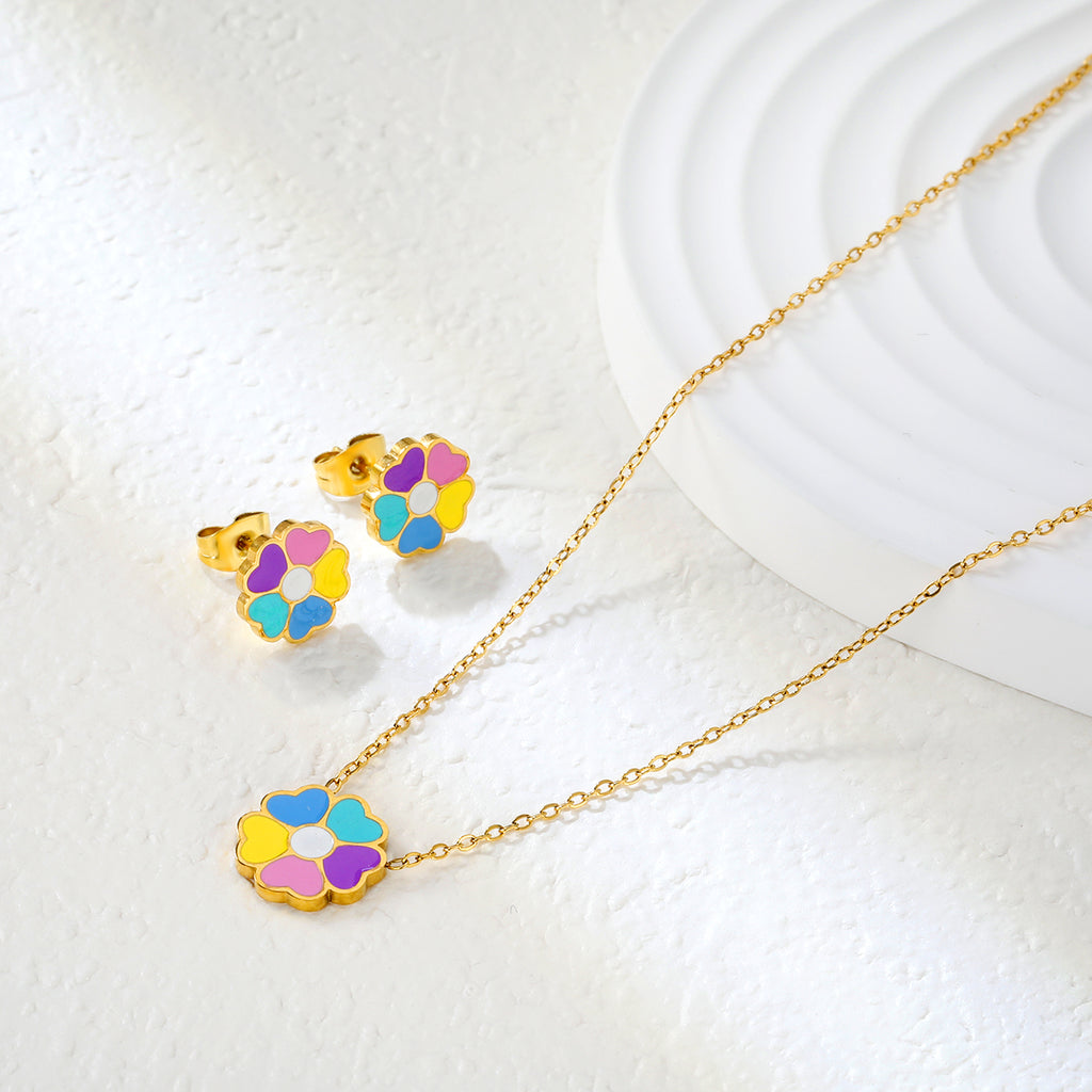 Colorful Flowers Set Steel/Gold Earrings:10.4*10.4mm Pendant:12.2*11.8mm 0.3 Cross Chain 42+5cm+6mm Round Plaque