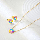 Colorful Flowers Set Steel/Gold Earrings:10.4*10.4mm Pendant:12.2*11.8mm 0.3 Cross Chain 42+5cm+6mm Round Plaque