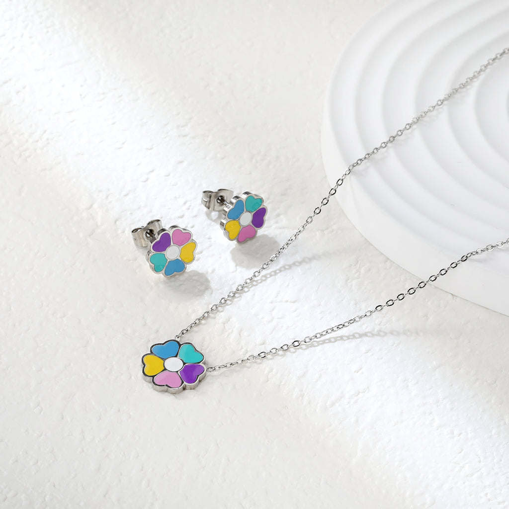 Colorful Flowers Set Steel/Gold Earrings:10.4*10.4mm Pendant:12.2*11.8mm 0.3 Cross Chain 42+5cm+6mm Round Plaque
