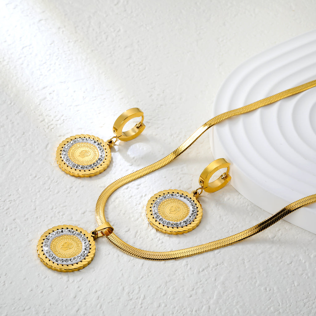 Round Cake Portrait Set Gold Earrings: 20.2mm Pendant: 20.2mm3.2 Push Dense Chain 42+5cm