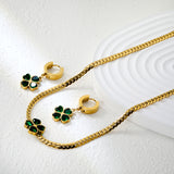 Quadruple Leaf Zirconia Necklace Earrings Set Gold Earrings: 13.4*13.6mm Pendant: 12.1*12.1mm3.8mm Gold Dragon Chain 40+5cm+11.2*3.7mm Square Tail Plaque