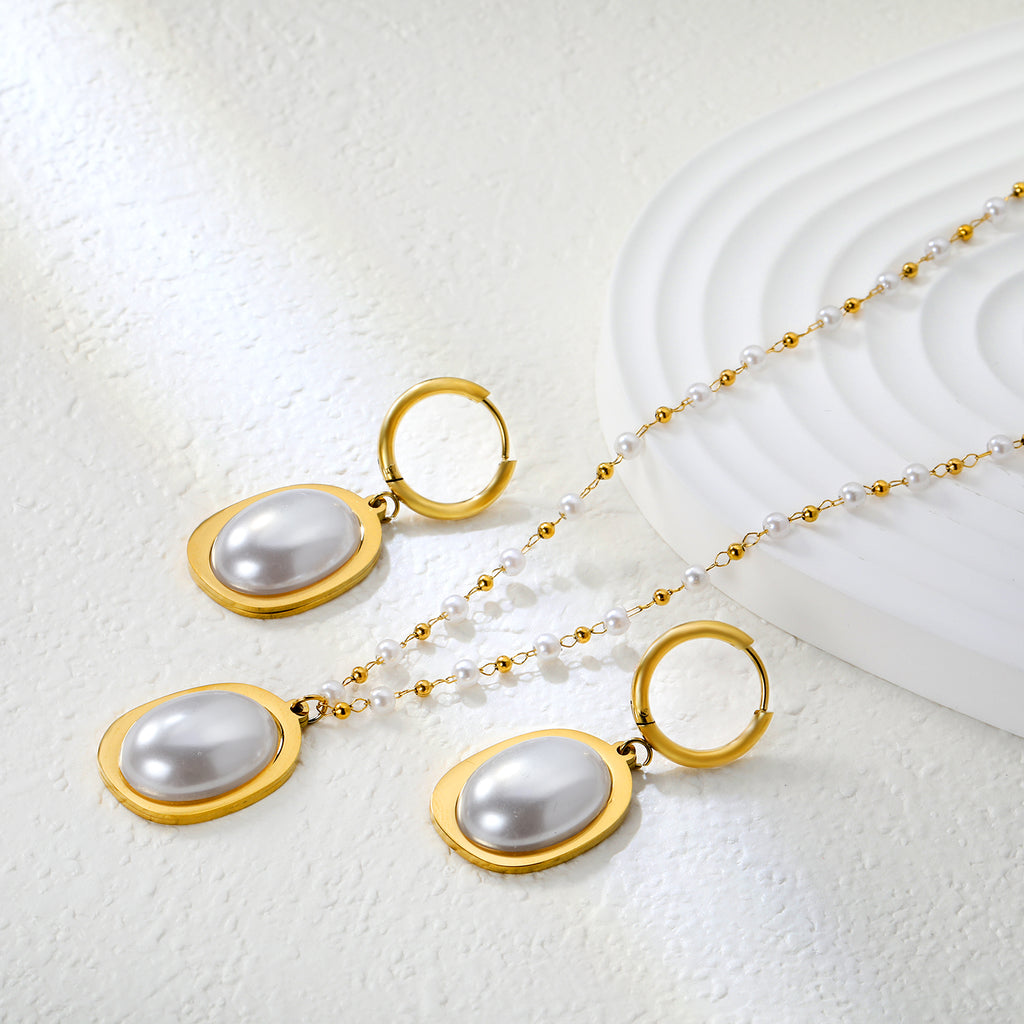Pearl Necklace Earrings Set Gold Earrings: 16.3*23.6mm Pendant: 16.3*23.6mm 3mm Pearl + 1.9mm Steel Bead Chain 40+5cm+6mm Round Tail Plaque