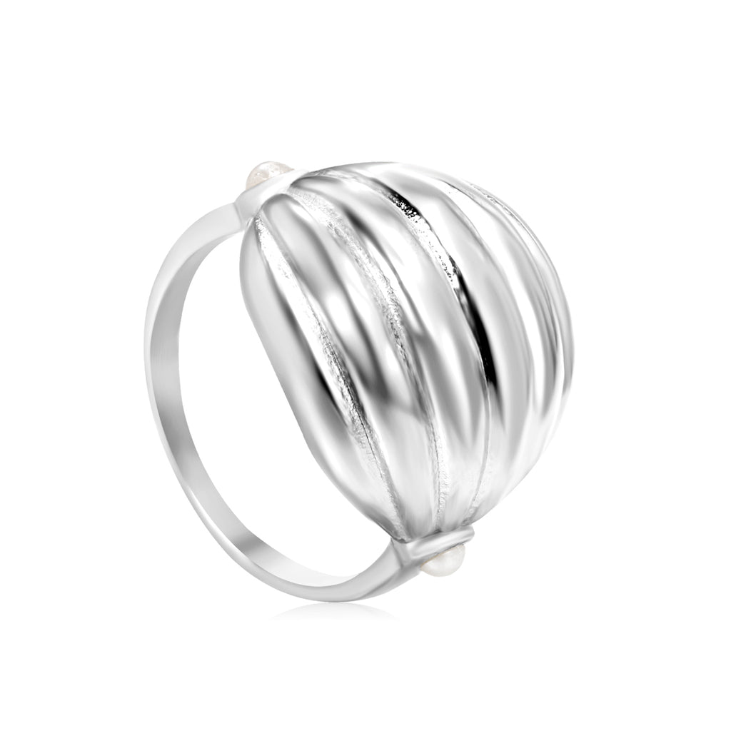 18K Gold Plated Stainless Steel Vertical Striped Arch Ring - Pearl Accented Elegant Jewelry
