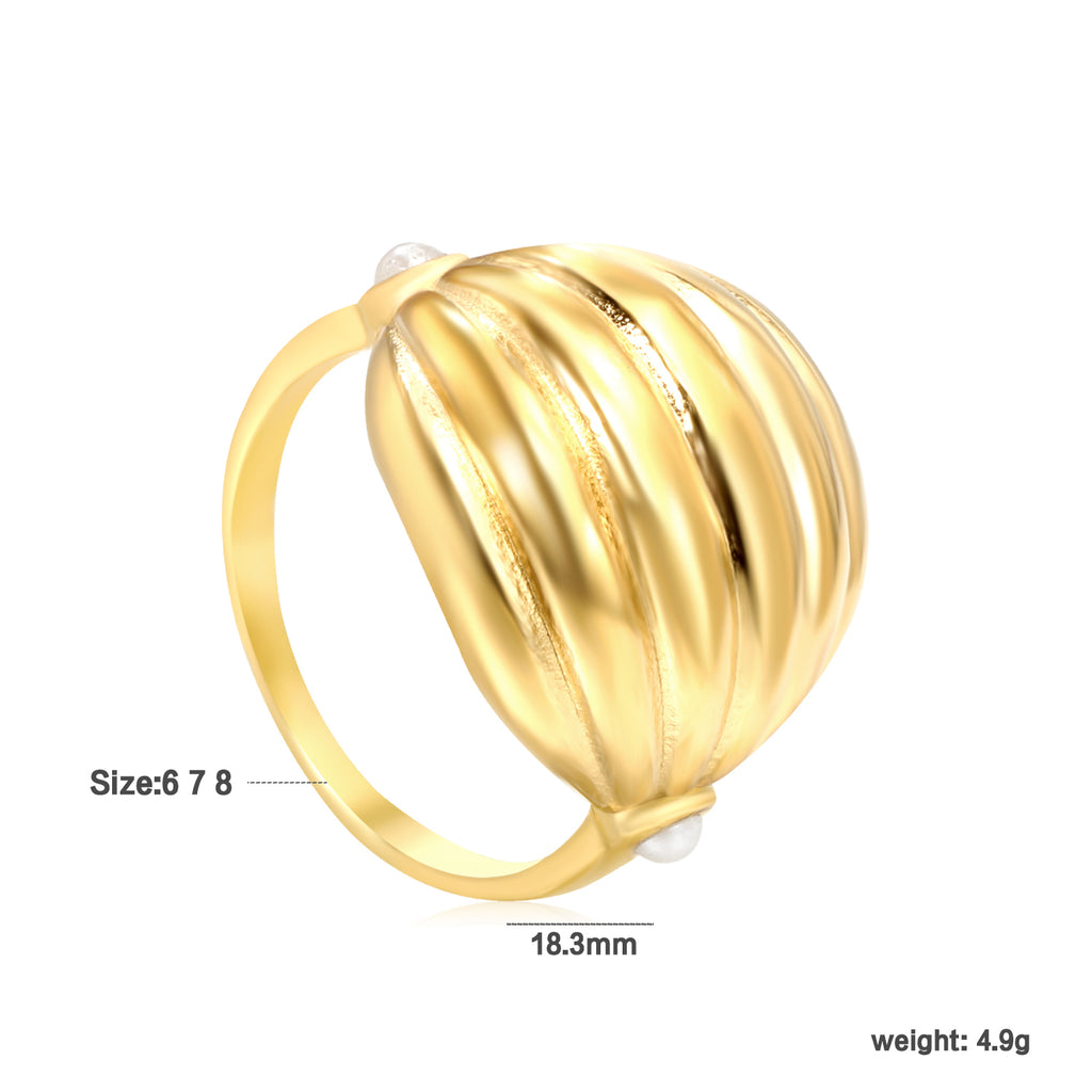 18K Gold Plated Stainless Steel Vertical Striped Arch Ring - Pearl Accented Elegant Jewelry
