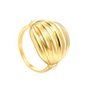 18K Gold Plated Stainless Steel Vertical Striped Arch Ring - Pearl Accented Elegant Jewelry