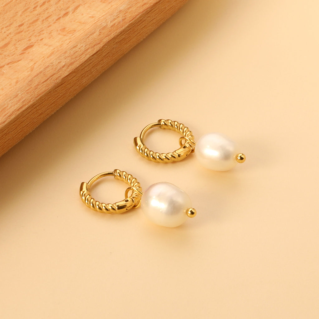 2.5x14mm Twisted Circle with Oval White Pearl Stud Earrings 7.5*11mm Gold Color