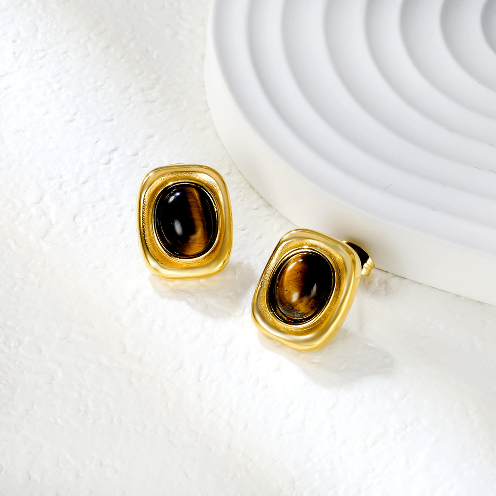 14.4*17.2mm square + oval tiger eye stone stud earrings Gold color