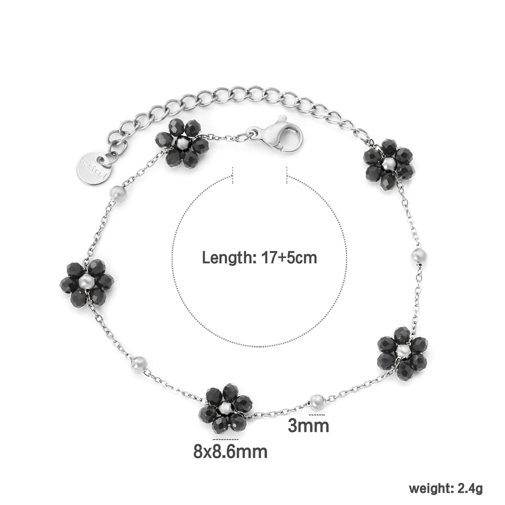 0.3 cross chain ¡Á3mm steel beads ¡Á9 + 8*8.6mm black bead flower pendant , bracelet, steel/gold