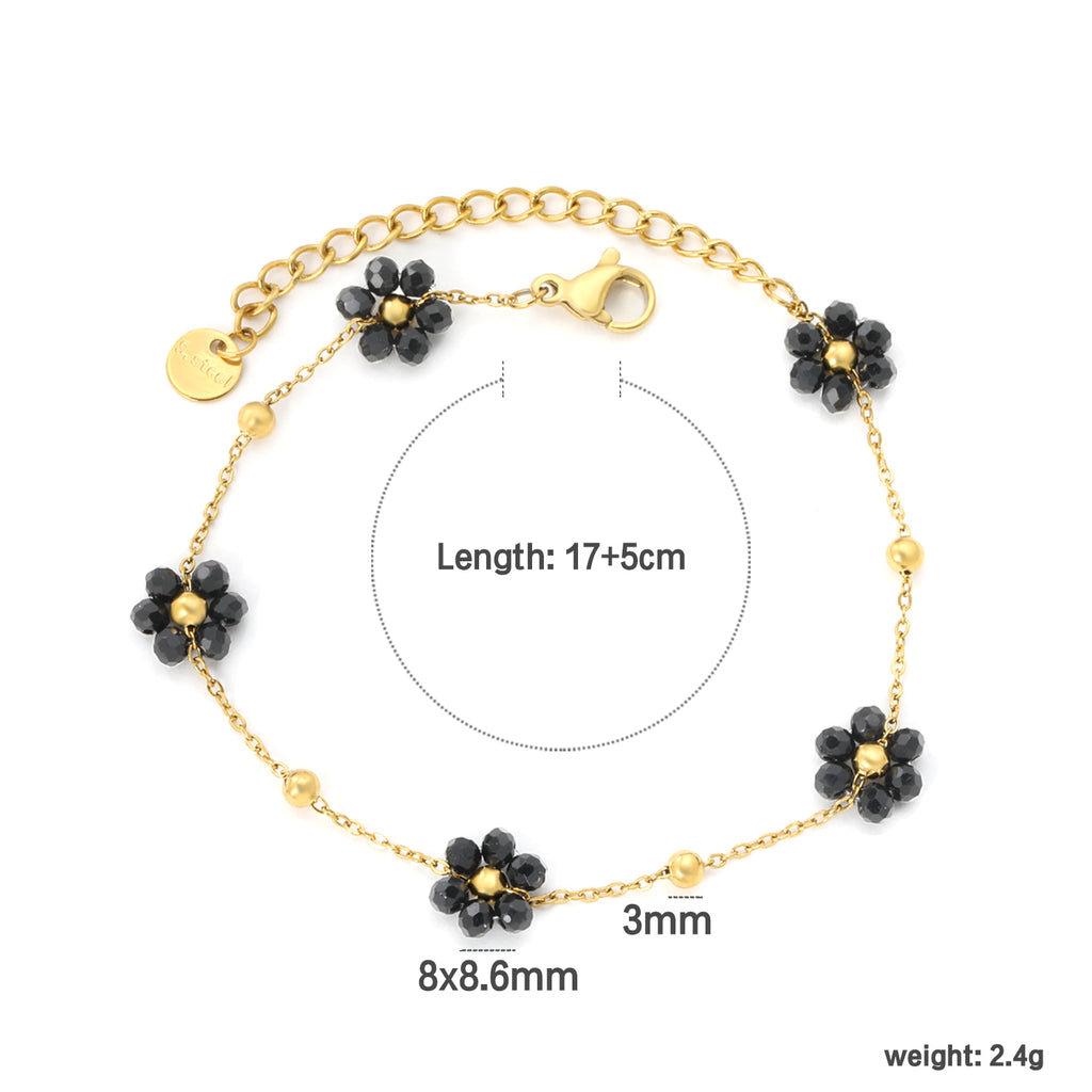 0.3 cross chain ¡Á3mm steel beads ¡Á9 + 8*8.6mm black bead flower pendant , bracelet, steel/gold