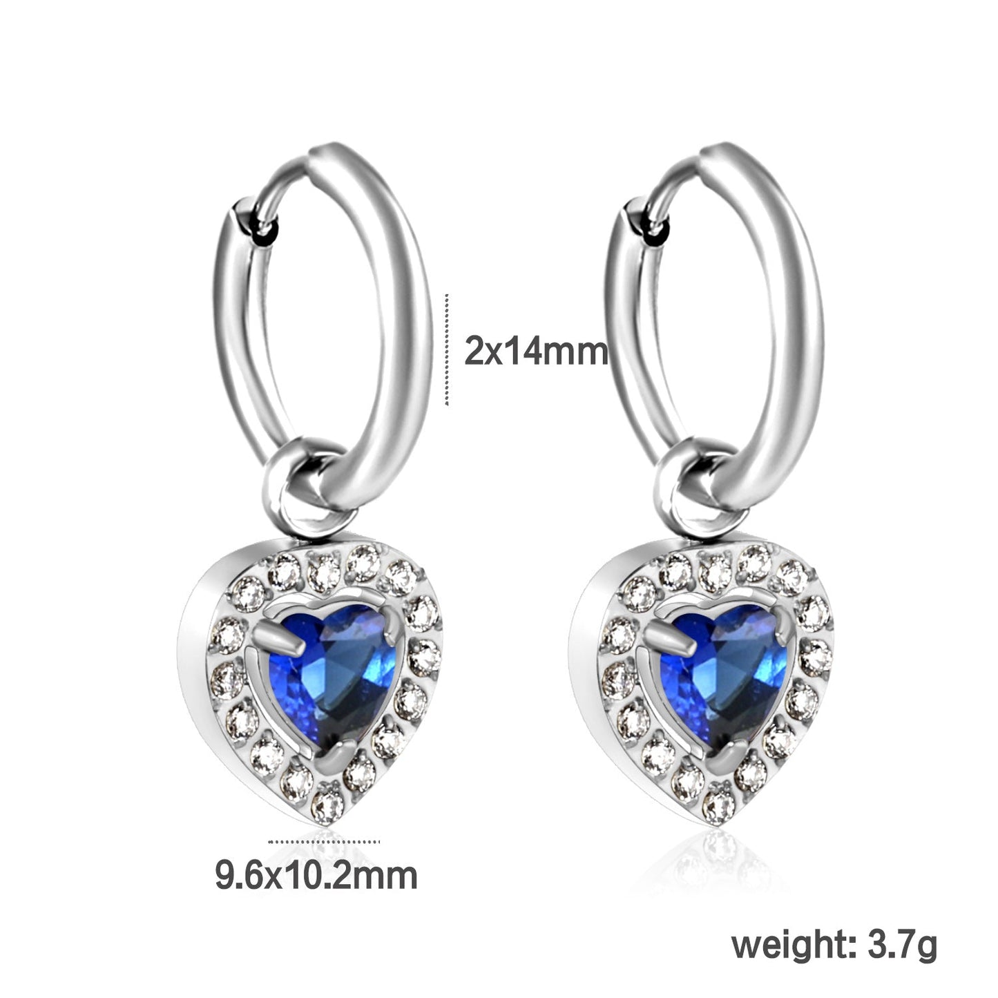 Wire 2*O.D. 14mm earrings + 9.6*10.2mm heart shaped sapphire blue glass with CNC drilling white zirconium hoops Earrings steel color/golden color asonjewelry
