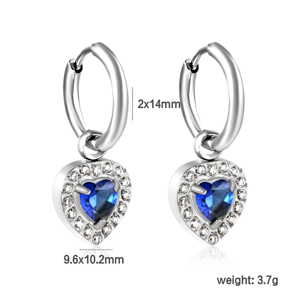 Wire 2*O.D. 14mm earrings + 9.6*10.2mm heart shaped sapphire blue glass with CNC drilling white zirconium hoops Earrings steel color/golden color