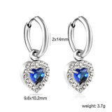 Wire 2*O.D. 14mm earrings + 9.6*10.2mm heart shaped sapphire blue glass with CNC drilling white zirconium hoops Earrings steel color/golden color