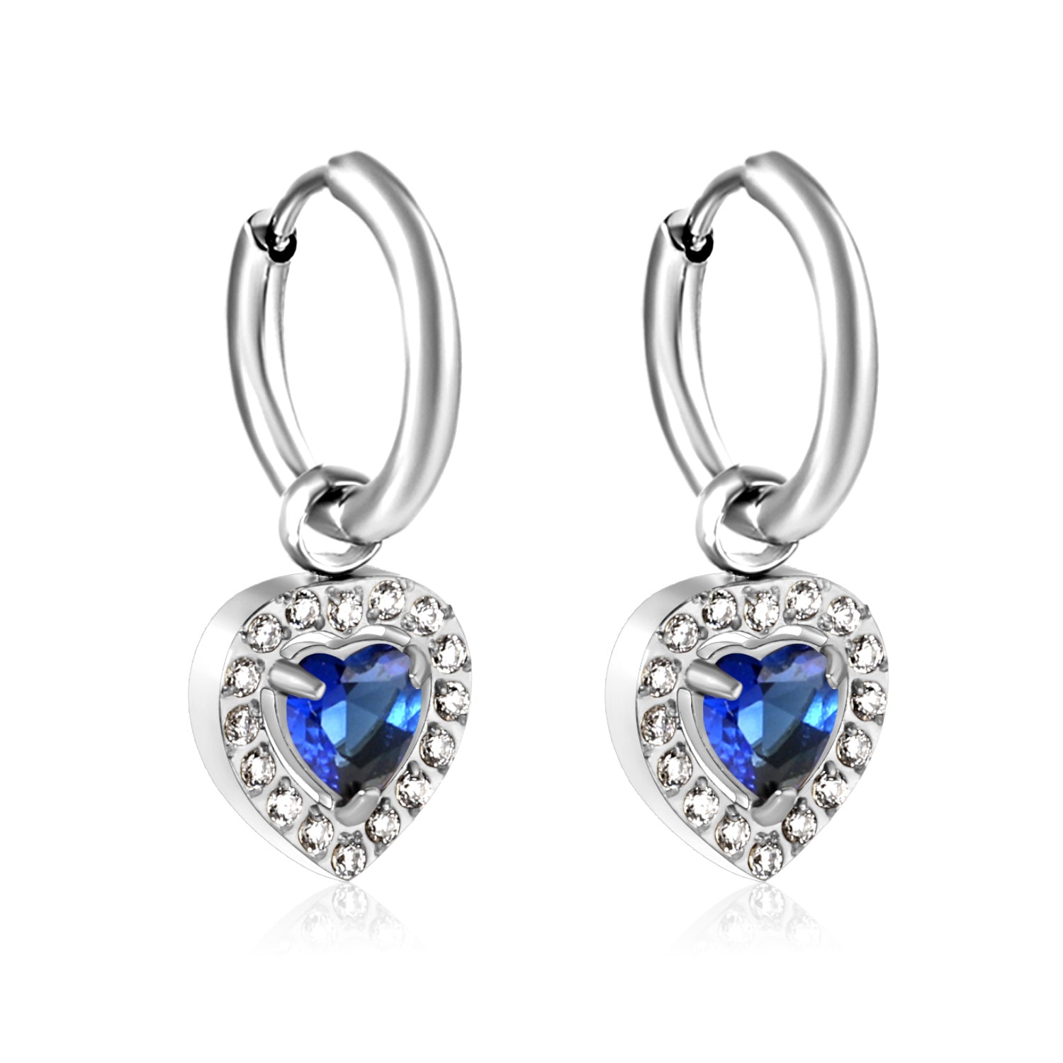 Wire 2*O.D. 14mm earrings + 9.6*10.2mm heart shaped sapphire blue glass with CNC drilling white zirconium hoops Earrings steel color/golden color asonjewelry