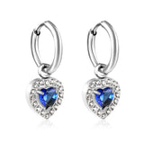 Wire 2*O.D. 14mm earrings + 9.6*10.2mm heart shaped sapphire blue glass with CNC drilling white zirconium hoops Earrings steel color/golden color