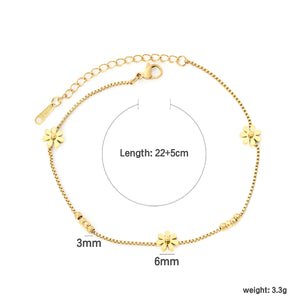 3mm*8 steel beads + 7.8mm*3 seven-petal flower chain 1.2mm box chain*22 + 5cm + 3*10mm square tag Gold