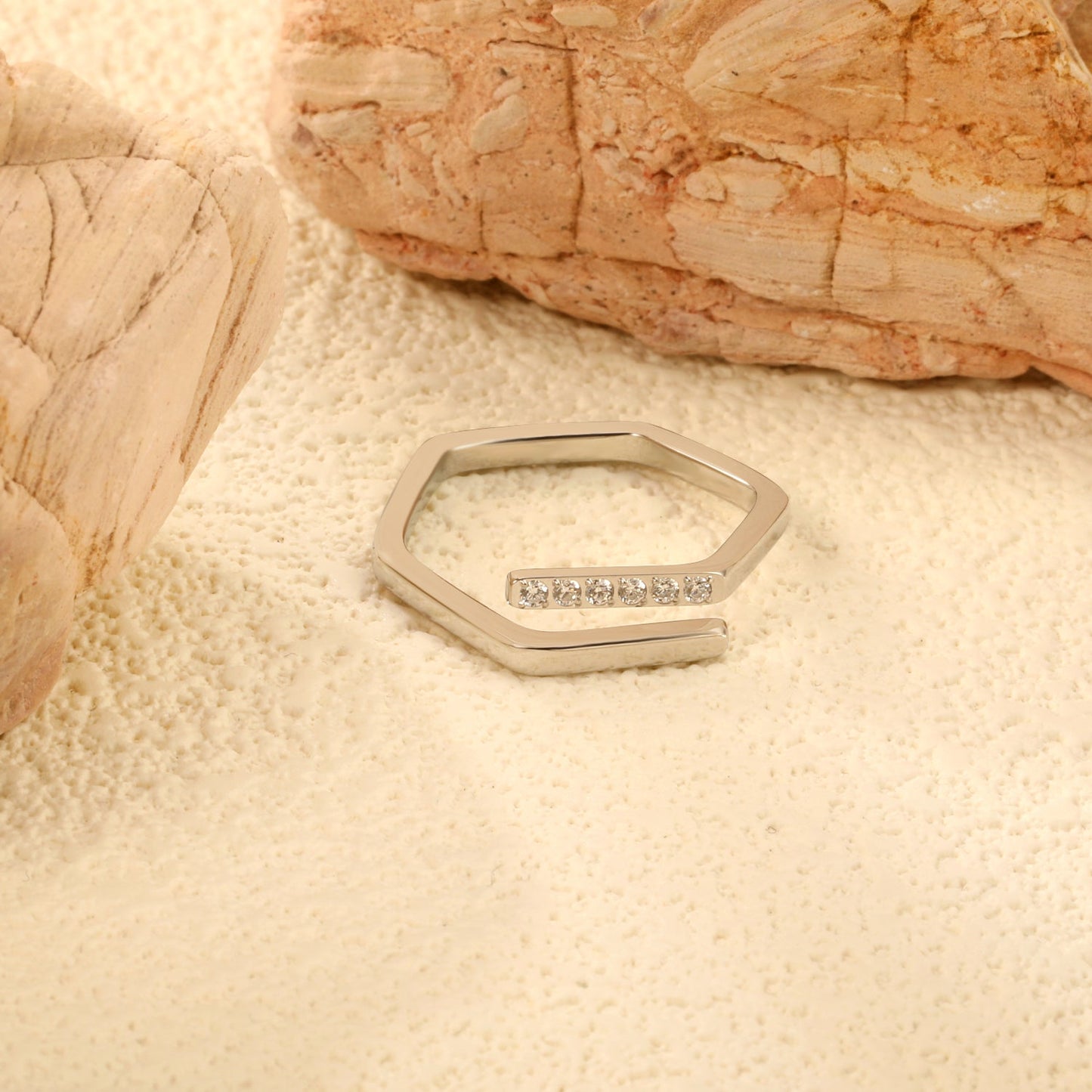 Hexagonal ring with white zirconia head, CNC set, height 5.7 mm, steel color / gold asonjewelry