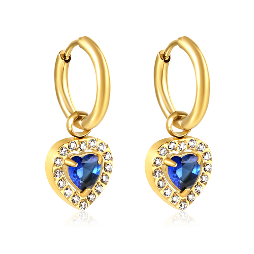 Wire 2*O.D. 14mm earrings + 9.6*10.2mm heart shaped sapphire blue glass with CNC drilling white zirconium hoops Earrings steel color/golden color
