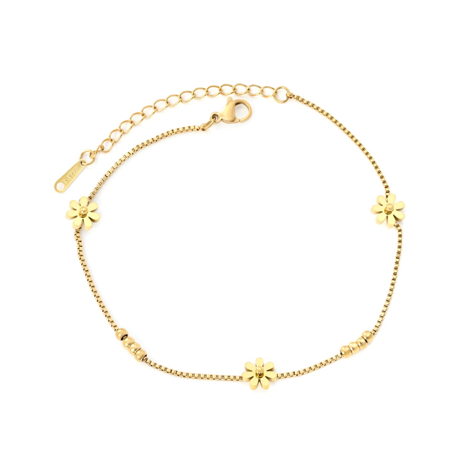 3mm*8 steel beads + 7.8mm*3 seven-petal flower chain 1.2mm box chain*22 + 5cm + 3*10mm square tag Gold asonjewelry