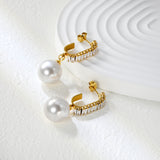 13.9mm imitation pearl pendant + 4.8*21.6mm C-shaped with white diamonds circle Earrings Golden