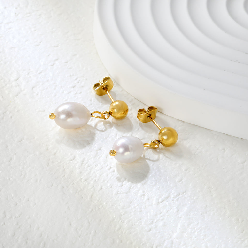 8.4*12mm freshwater pearl pendant+6mm steel earrings gold color