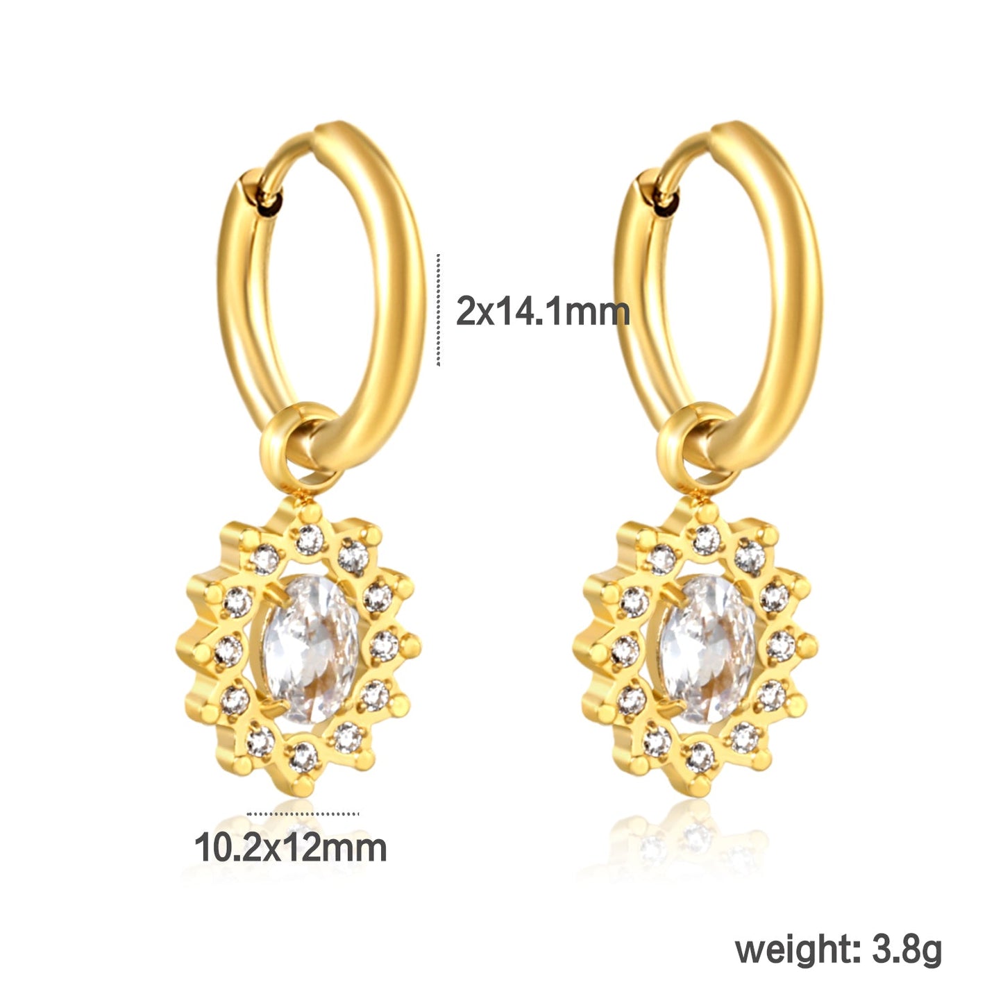 Wire 2*OUTSIDE DIAMETER 14.1mm EAR BUTTONS+10.2*12mm LACE OVAL WHITE REAL ZIRCONI BAND CNC DIAMONDED WHITE ZIRCONI RINGS EARRINGS Gold color asonjewelry
