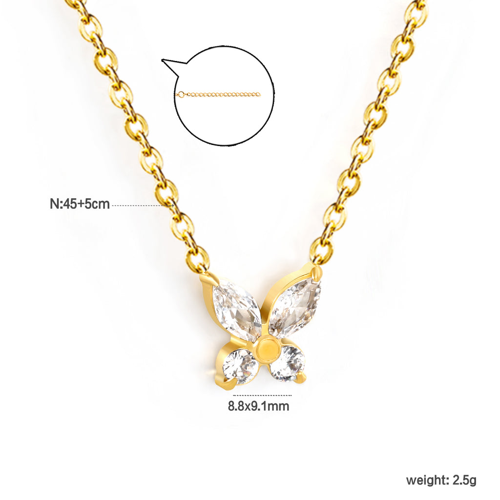 8.8*9.1mm Butterfly Sticky White Diamonds Pendant 0.35 Cross Necklace 45+5cm+6mm Round Plaque Necklace Steel/Gold Large Size 12mm White Diamonds