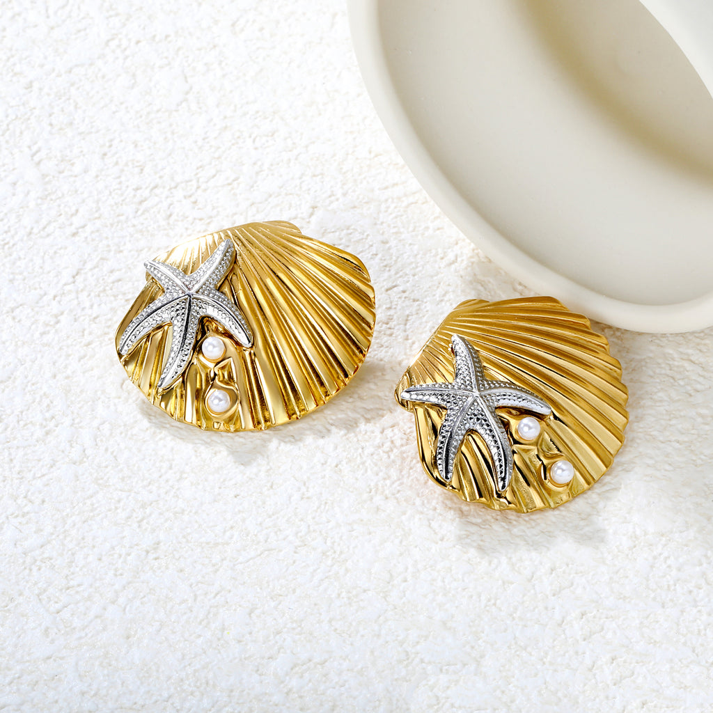 34.1mm*28.2mm Pearl Sea Star Shell Stud Earrings, Two-Tone Gold