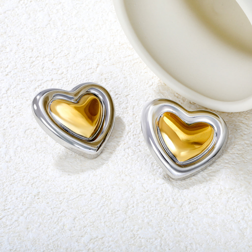 27mm*30.5mm Two-Tone Heart Stud Earrings, Two-Tone Gold
