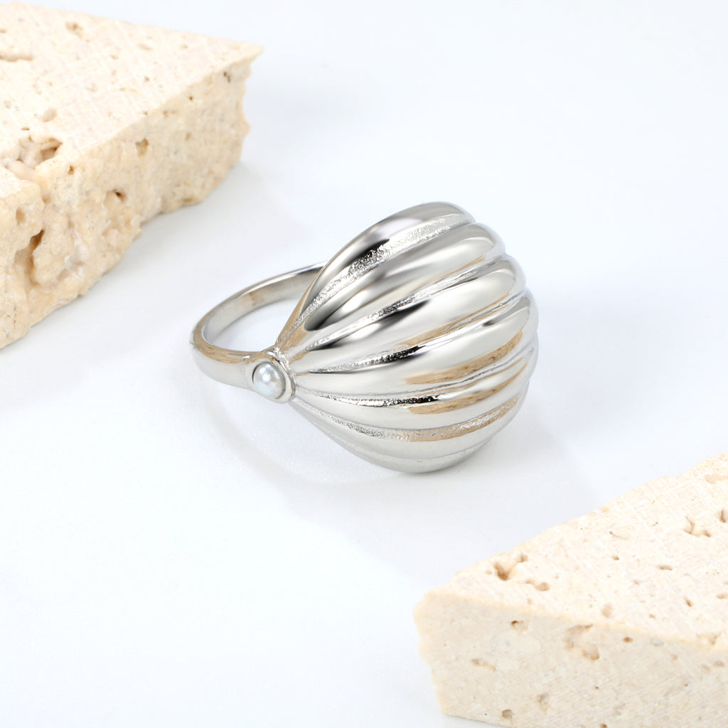 18K Gold Plated Stainless Steel Vertical Striped Arch Ring - Pearl Accented Elegant Jewelry