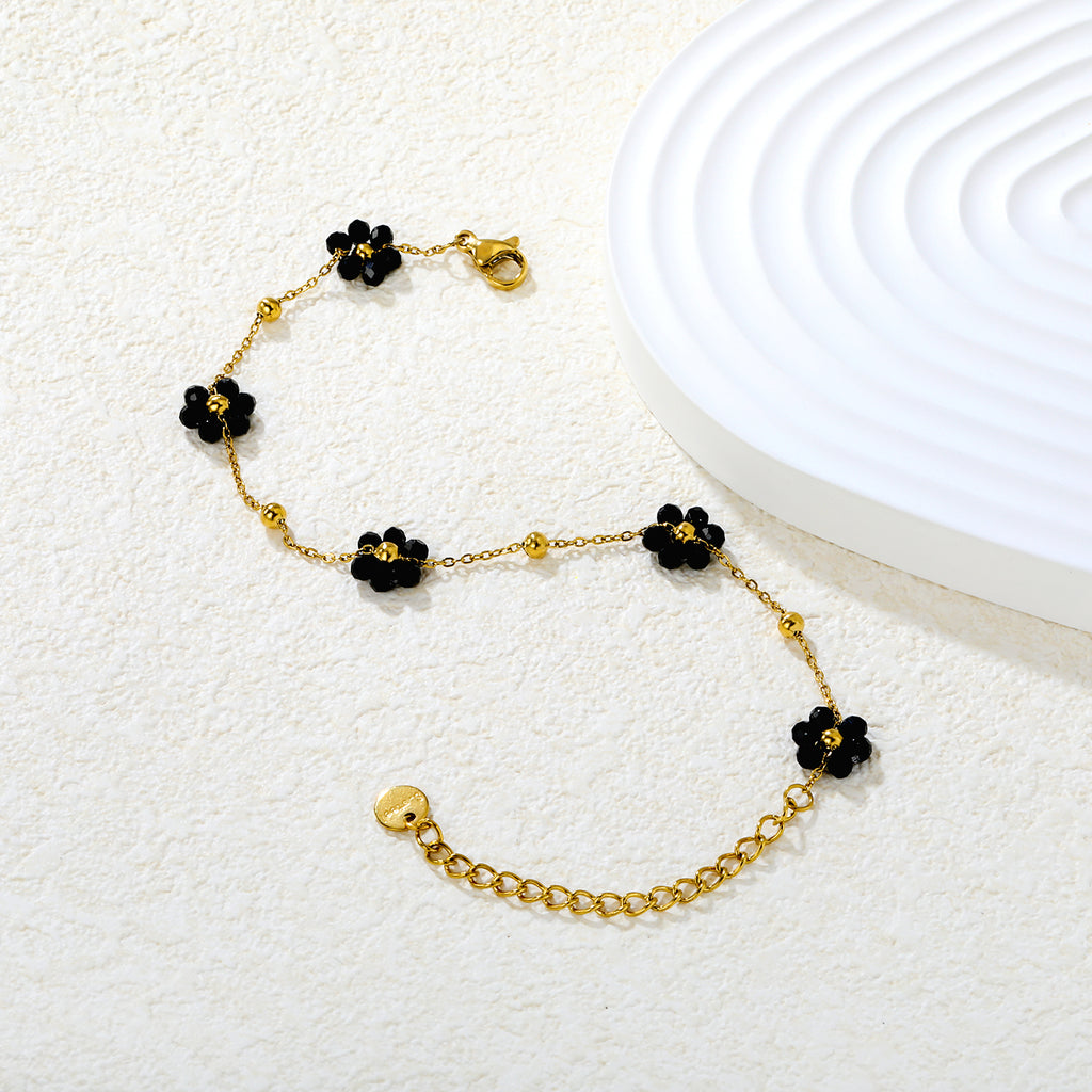 0.3 cross chain ¡Á3mm steel beads ¡Á9 + 8*8.6mm black bead flower pendant , bracelet, steel/gold