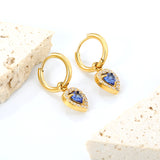 Wire 2*O.D. 14mm earrings + 9.6*10.2mm heart shaped sapphire blue glass with CNC drilling white zirconium hoops Earrings steel color/golden color
