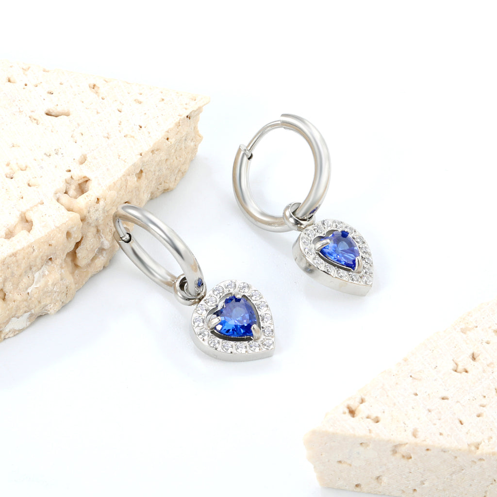 Wire 2*O.D. 14mm earrings + 9.6*10.2mm heart shaped sapphire blue glass with CNC drilling white zirconium hoops Earrings steel color/golden color