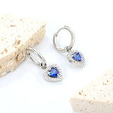 Wire 2*O.D. 14mm earrings + 9.6*10.2mm heart shaped sapphire blue glass with CNC drilling white zirconium hoops Earrings steel color/golden color