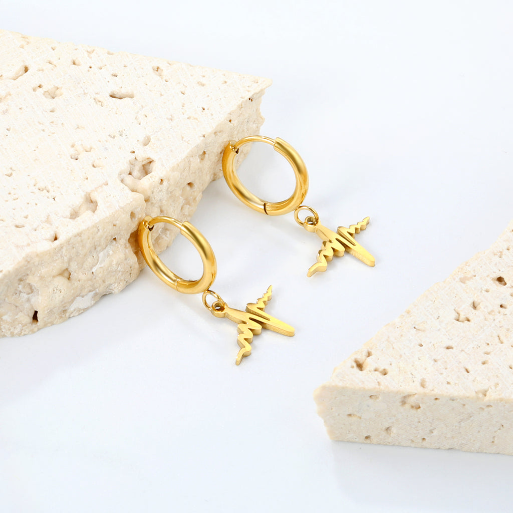 Wire 1.6x11mm O.D. earrings + 11.9*10mm circle with lightning bolt pendant earrings steel color/golden