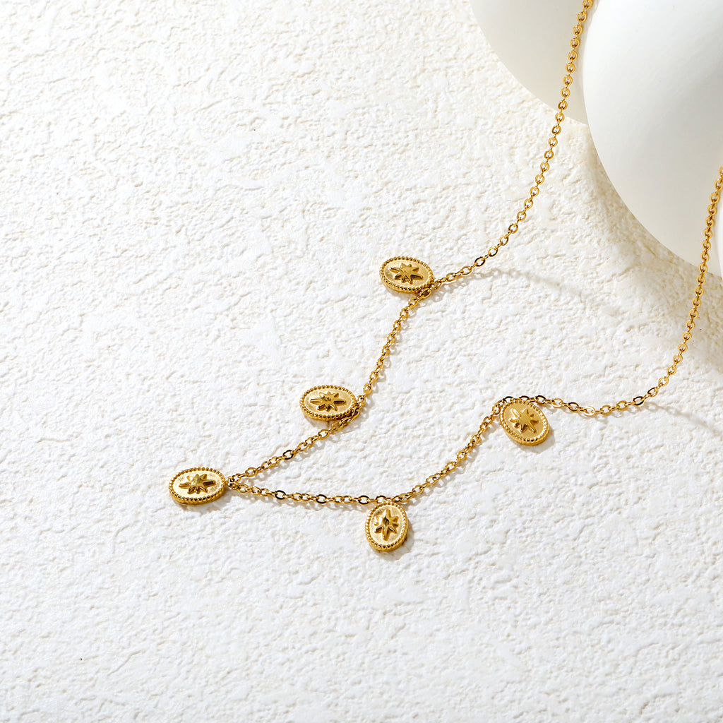 6.2*8.4mm Five-Pointed Star Elliptical Pendant 0.35mm Cross Chain Round Tassel Pendant Necklace Gold