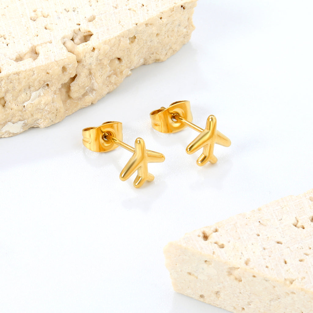 8.2*8.1mm airplane regular pin earrings steel/golden