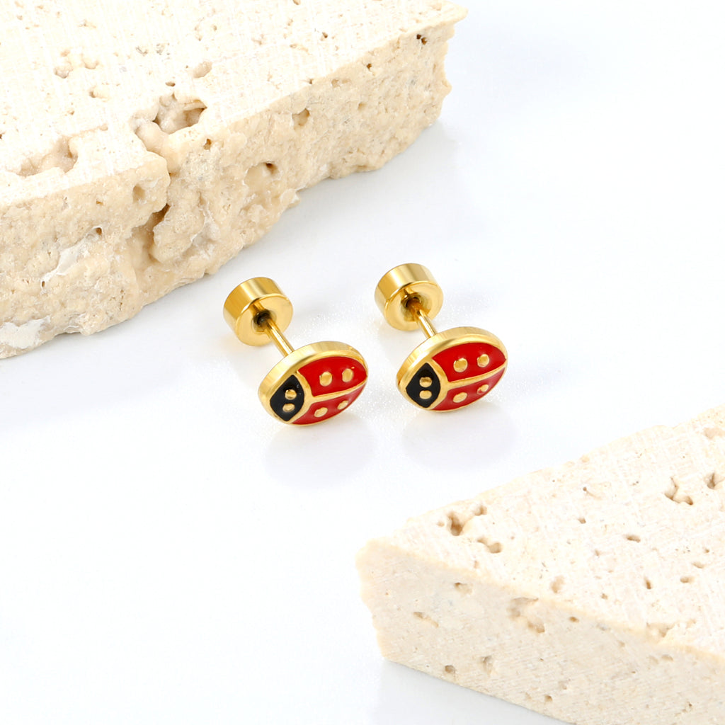 6*7.3mm Ladybug Twisted Screw Plug Stud Earrings steel color/golden color