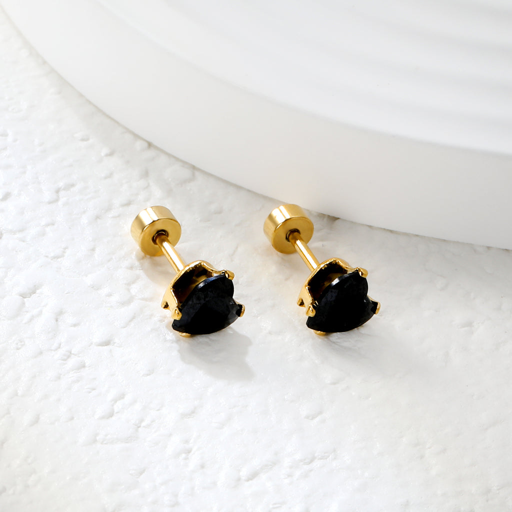 12 pair 6mm Steel/Gold Heart White/Black/Blue CZ Screw Plugs