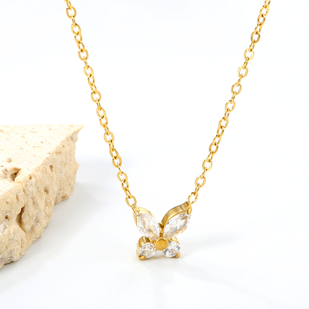 8.8*9.1mm Butterfly Sticky White Diamonds Pendant 0.35 Cross Necklace 45+5cm+6mm Round Plaque Necklace Steel/Gold Large Size 12mm White Diamonds