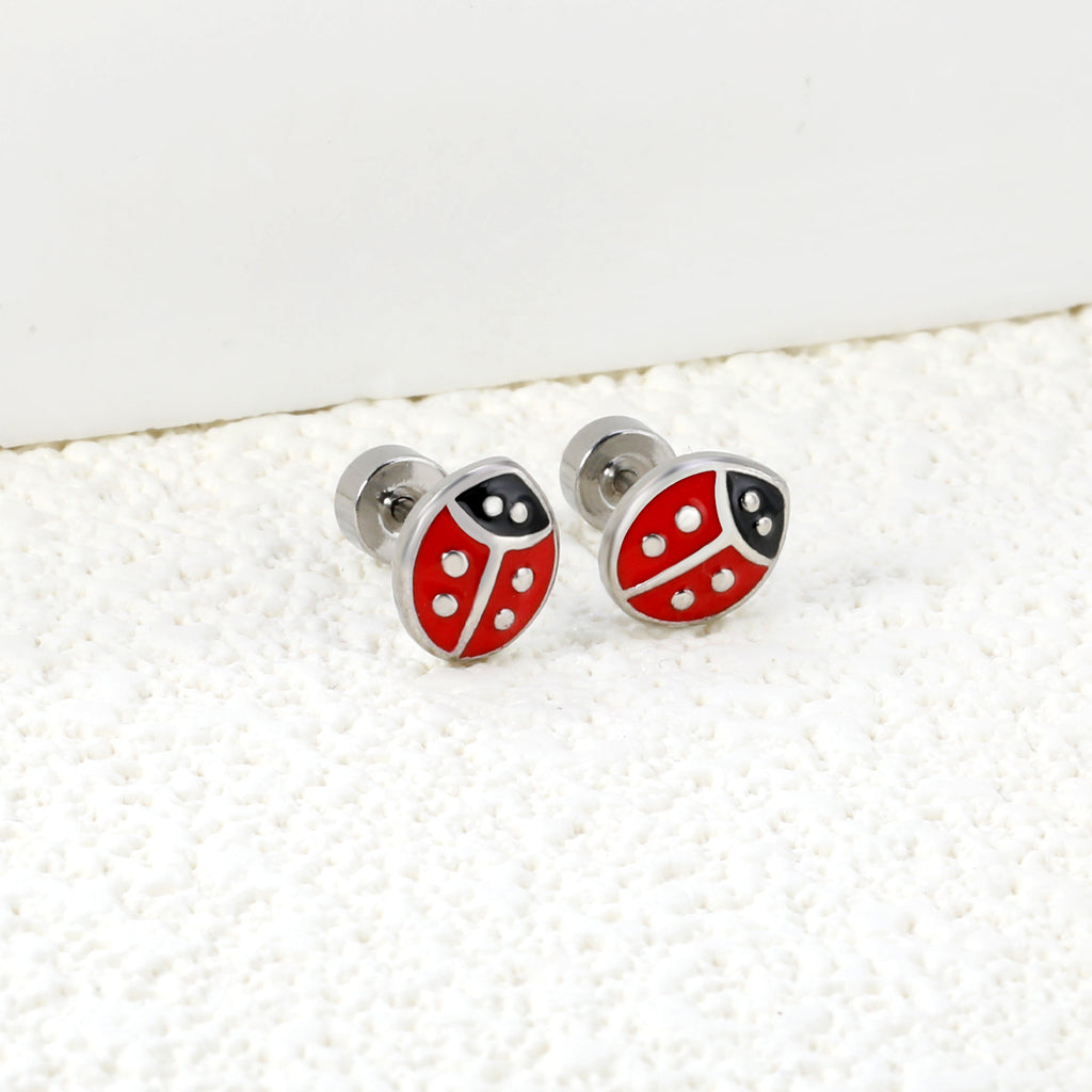 6*7.3mm Ladybug Twisted Screw Plug Stud Earrings steel color/golden color