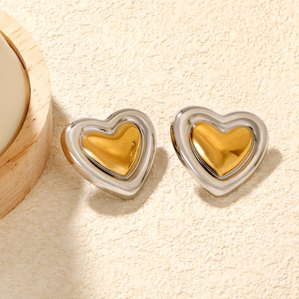 27mm*30.5mm Two-Tone Heart Stud Earrings, Two-Tone Gold