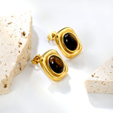14.4*17.2mm square + oval tiger eye stone stud earrings Gold color