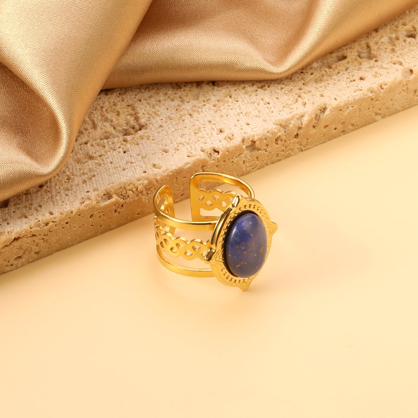 Open Oval Band with Blue Natural Stone Ring asonjewelry
