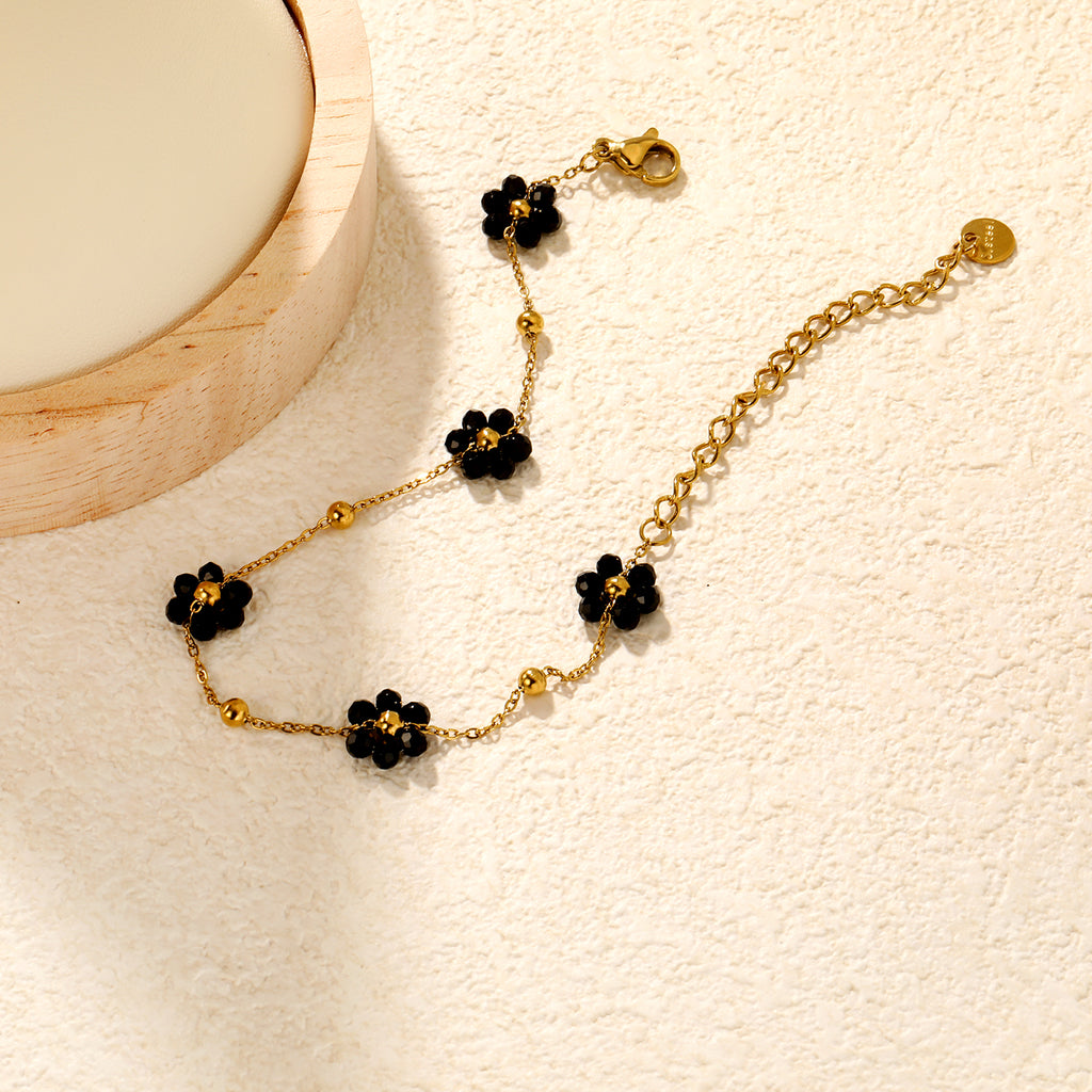 0.3 cross chain ¡Á3mm steel beads ¡Á9 + 8*8.6mm black bead flower pendant , bracelet, steel/gold