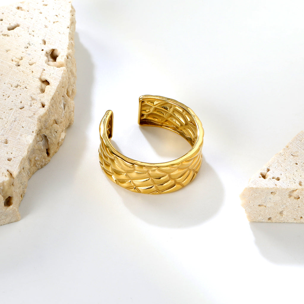 Golden Woven Pattern SS Open Ring (Textured Braided)