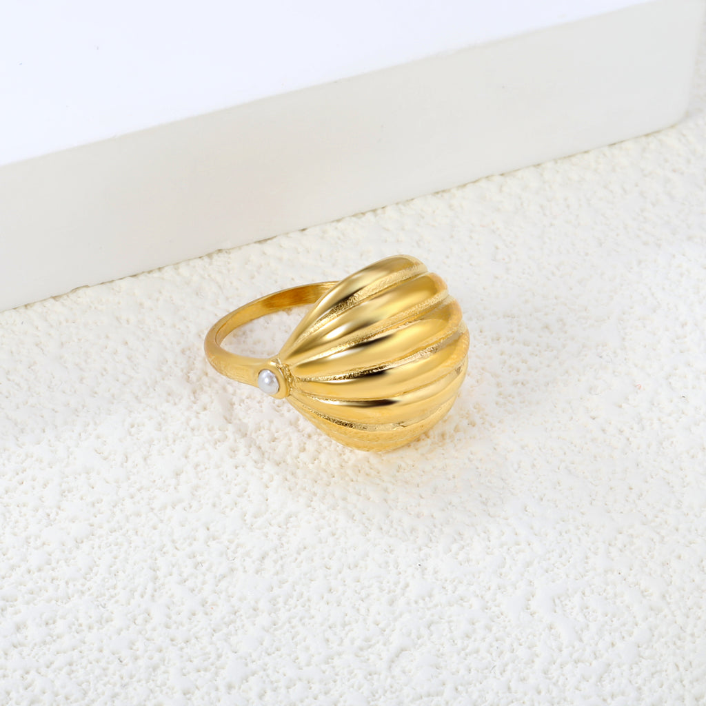 18K Gold Plated Stainless Steel Vertical Striped Arch Ring - Pearl Accented Elegant Jewelry